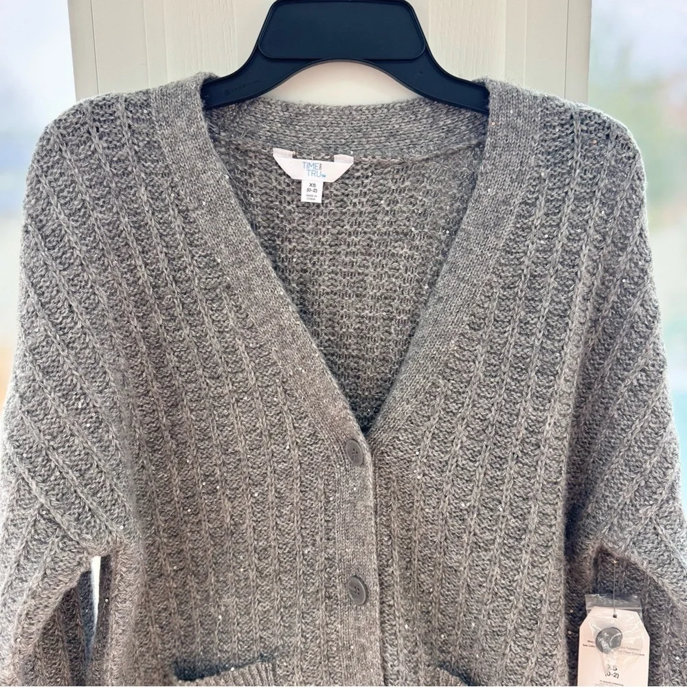 Time and Tru Sequin Cardigan Sweater Gray Ribbed Knit XS Holiday Shimmer Sparkle - Picture 4 of 10